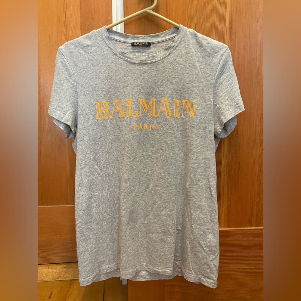 Balmain 44 Rue Francois 1er Paris T Shirt Women’s Size Small Grey & Orange